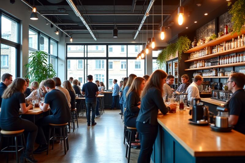 Ein geschäftiges Café in Shoreditch bei hellem Tageslicht, gefüllt mit zufriedenen Kunden und Baristas bei der Arbeit.