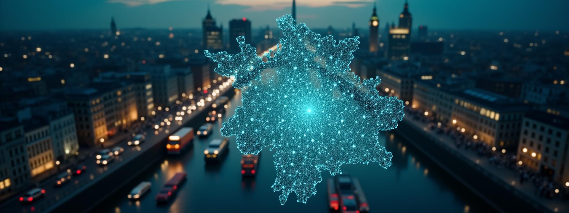 Stilisierte Karte von London mit beleuchteten Stadtteilen, die die Vielfalt und das geschäftige Treiben der Metropole symbolisieren.
